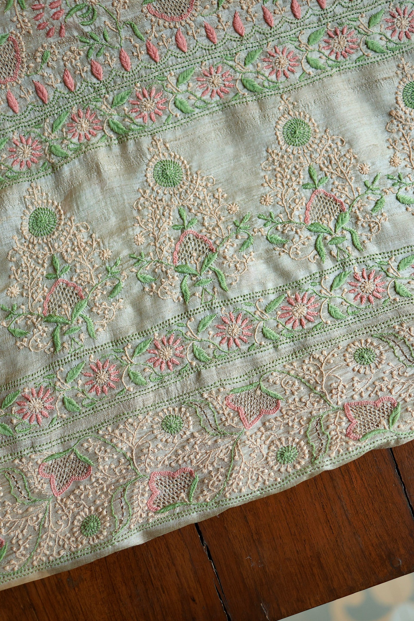Natural Beige Tussar Silk Chikankari Fabric With Mukaish Kamdani