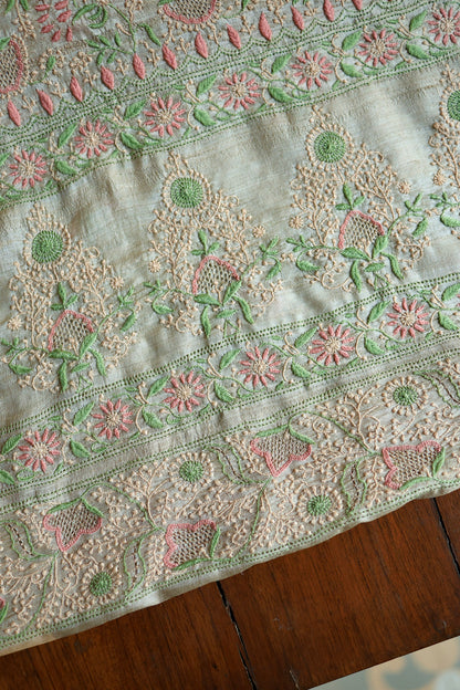 Natural Beige Tussar Silk Chikankari Fabric With Mukaish Kamdani