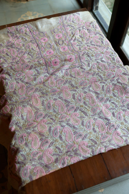 Natural Beige Tussar Silk Chikankari Fabric With Mukaish Kamdani