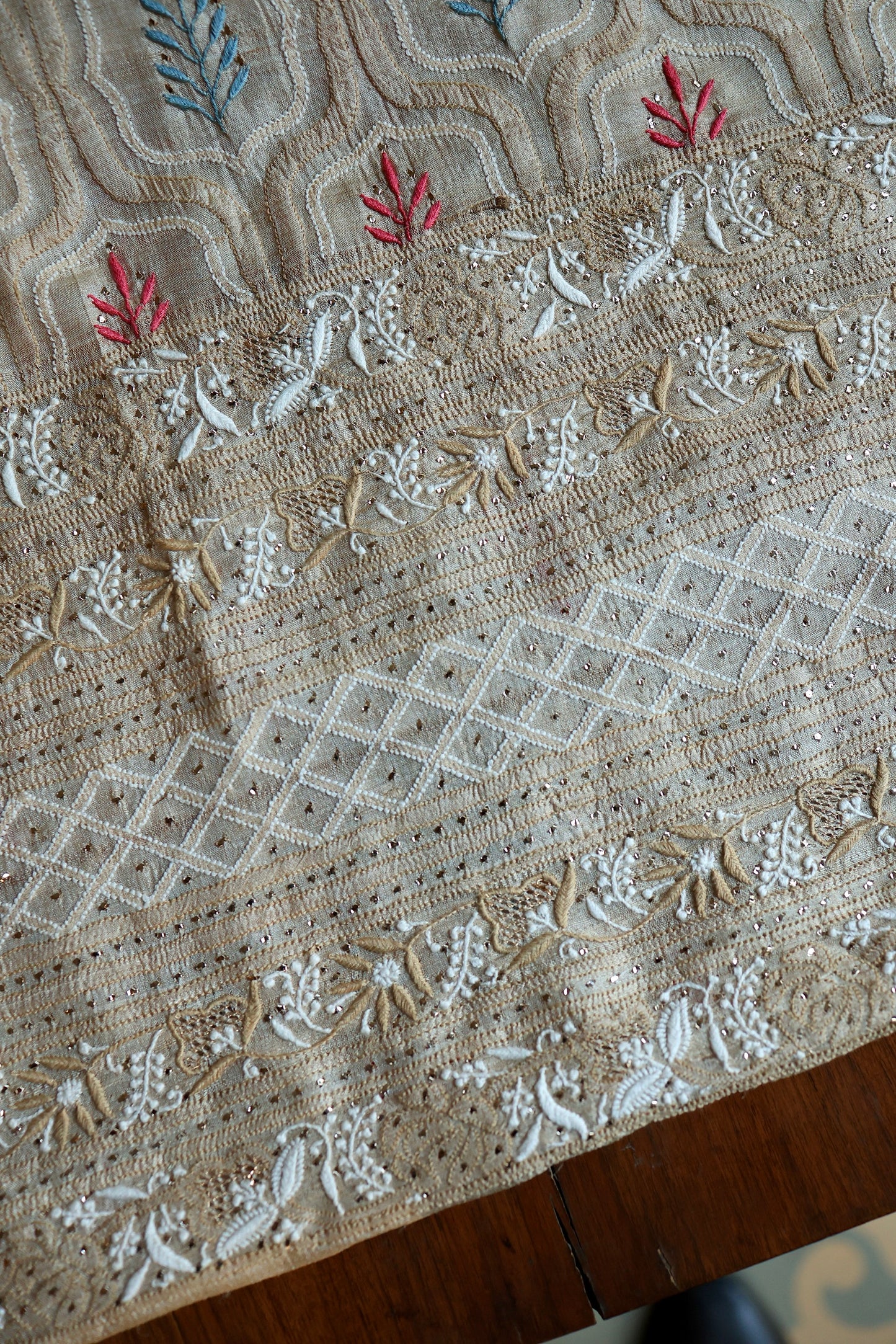 Red & Blue Natural Beige Tussar Silk Chikankari Fabric With Mukaish Kamdani