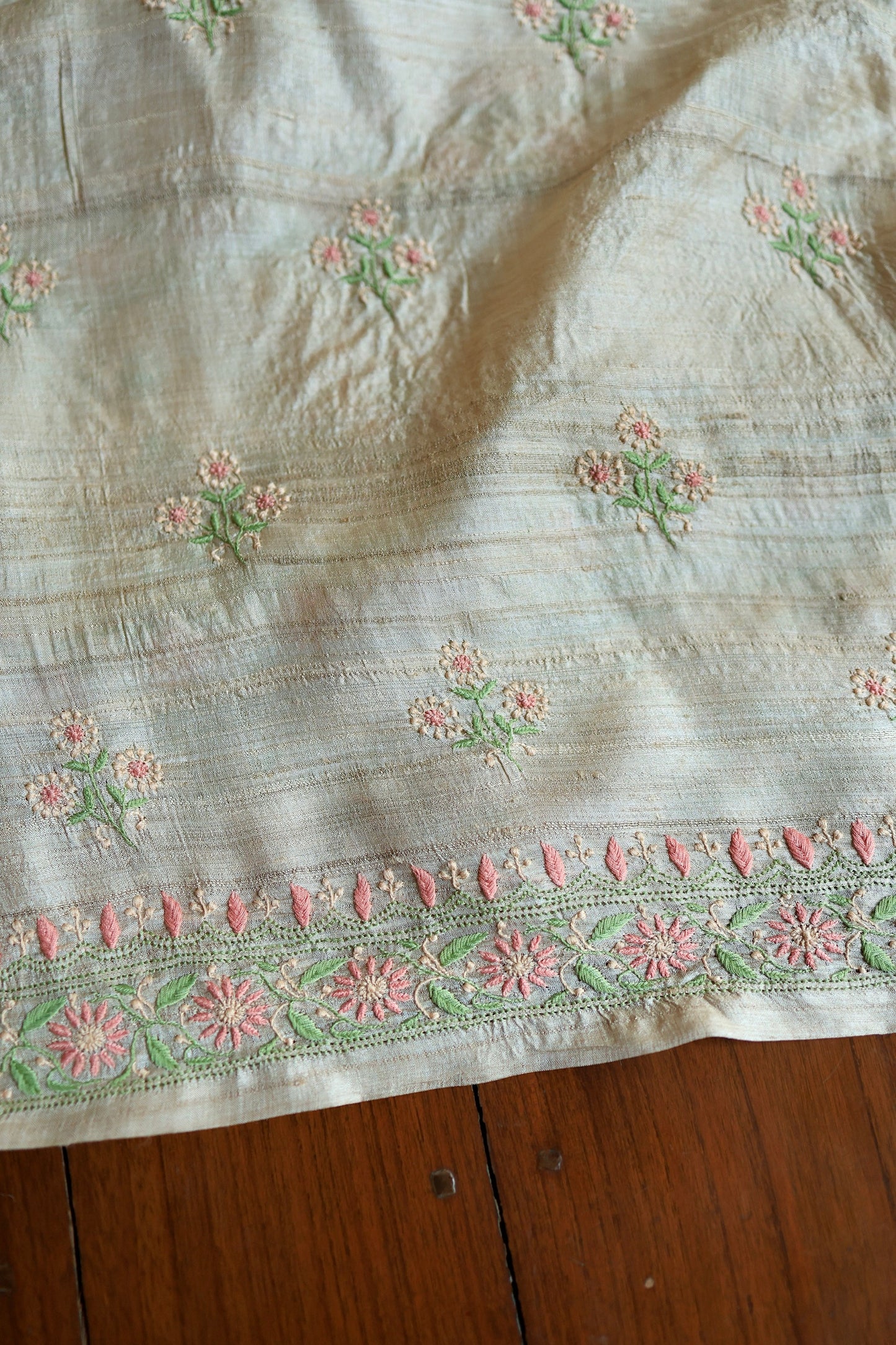 Natural Beige Tussar Silk Chikankari Fabric With Mukaish Kamdani