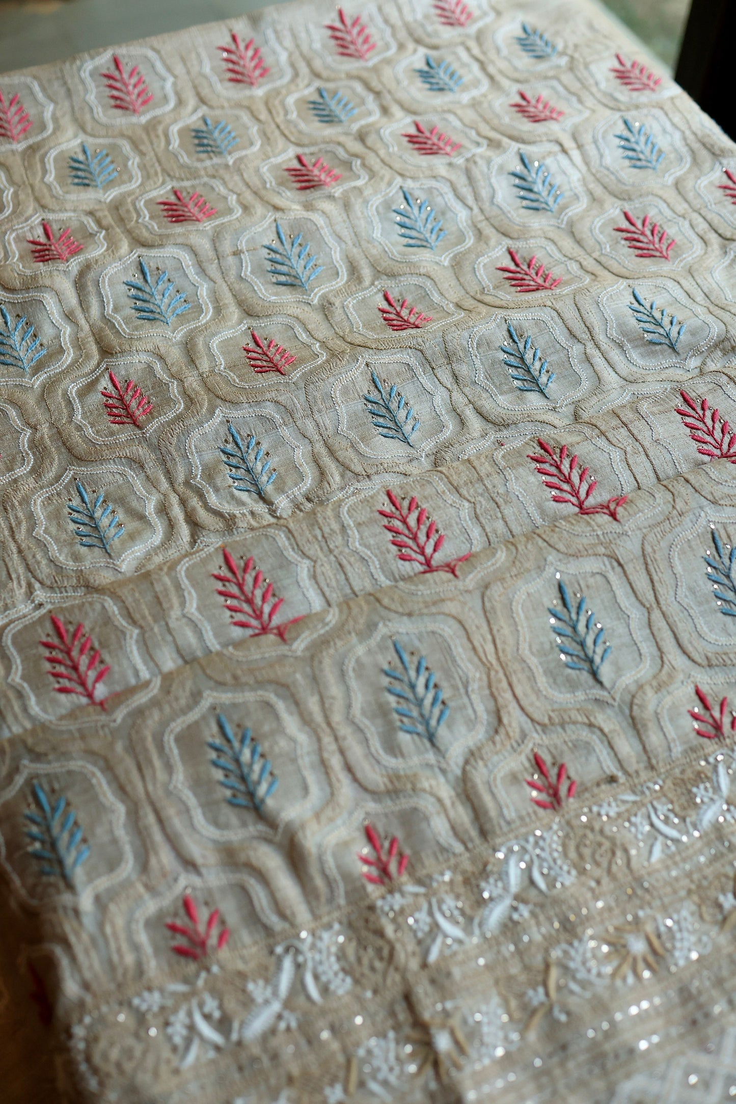 Red & Blue Natural Beige Tussar Silk Chikankari Fabric With Mukaish Kamdani