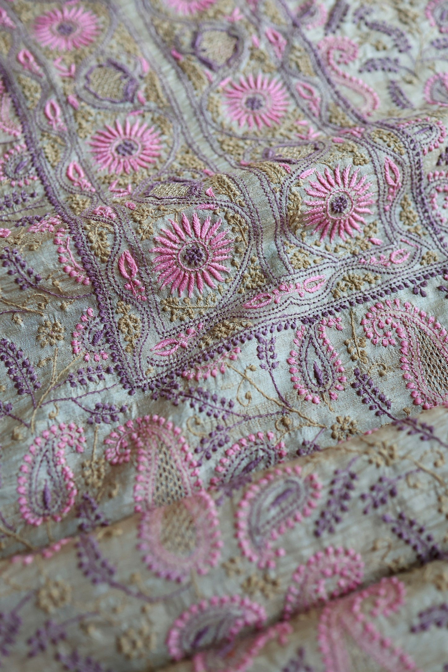 Natural Beige Tussar Silk Chikankari Fabric With Mukaish Kamdani