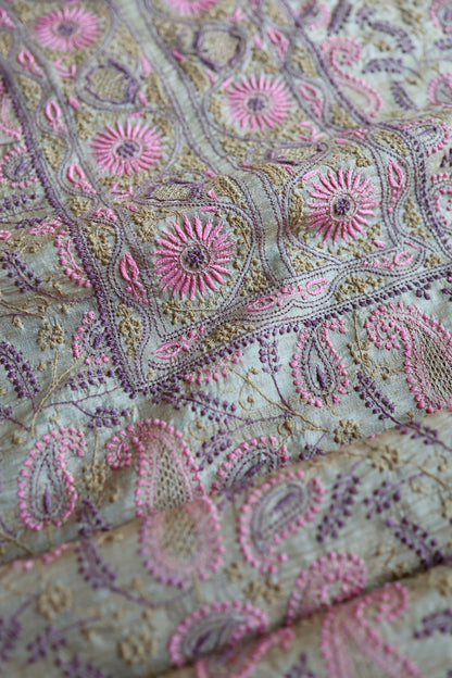 Natural Beige Tussar Silk Chikankari Fabric With Mukaish Kamdani