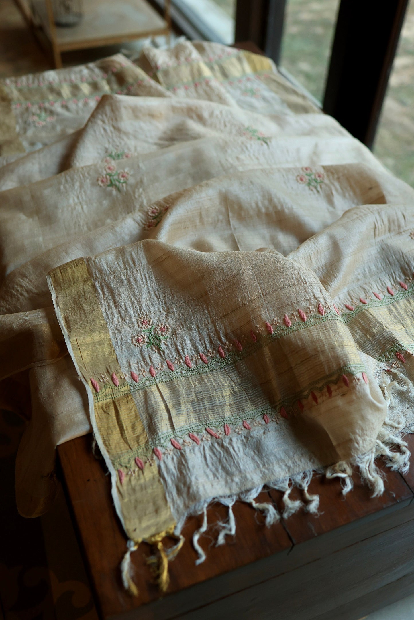 Natural Beige Tussar Silk Chikankari Fabric With Mukaish Kamdani