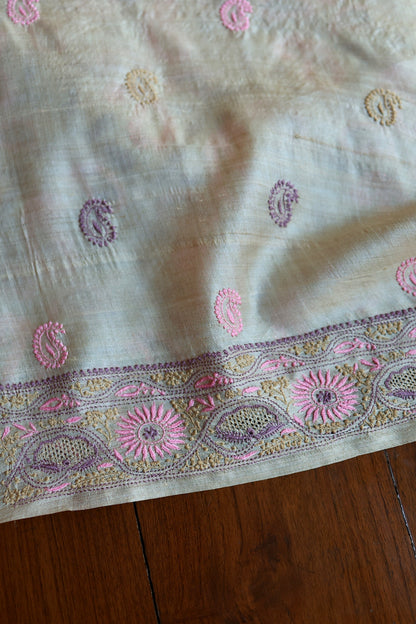 Natural Beige Tussar Silk Chikankari Fabric With Mukaish Kamdani