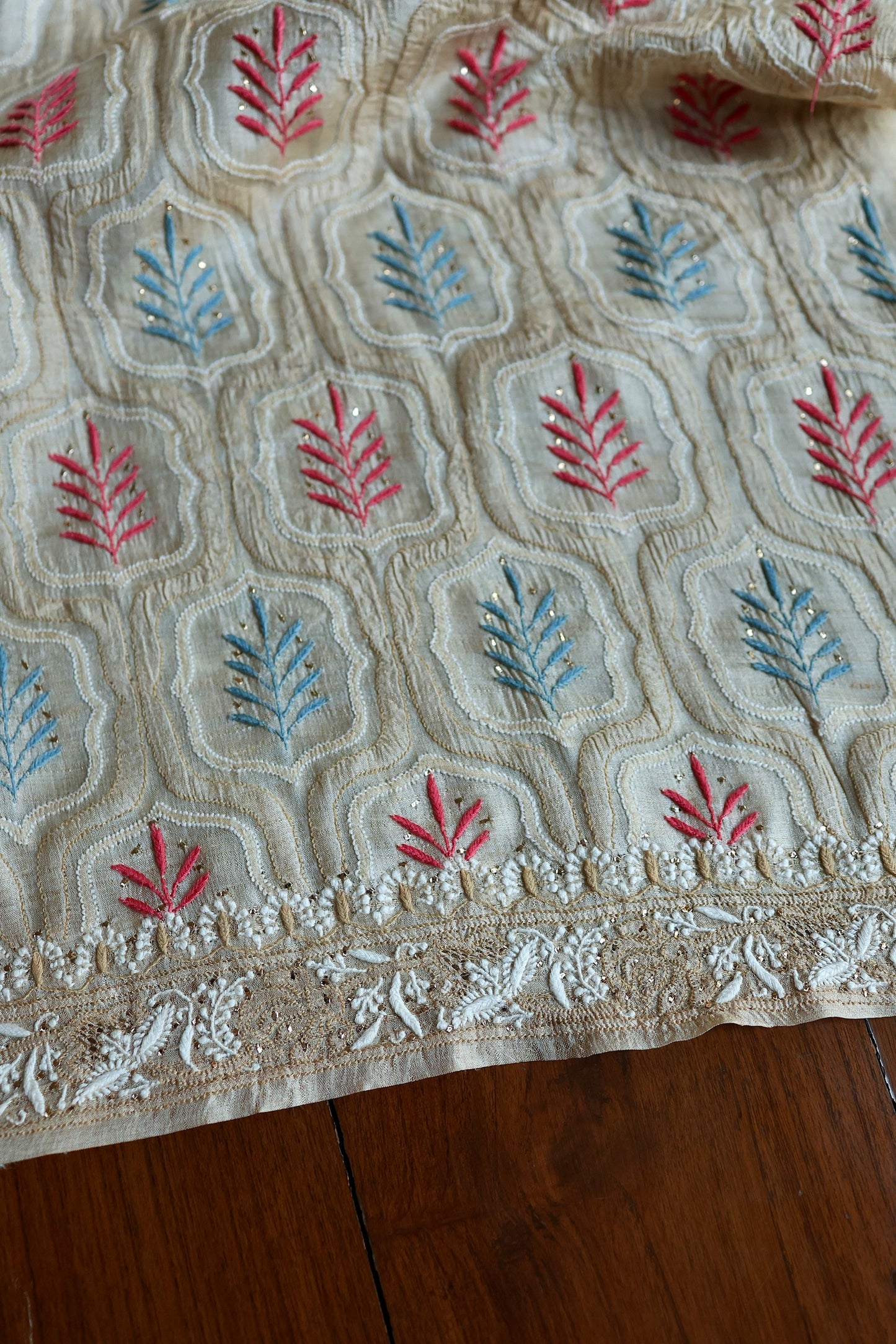 Red & Blue Natural Beige Tussar Silk Chikankari Fabric With Mukaish Kamdani