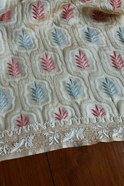 Red & Blue Natural Beige Tussar Silk Chikankari Fabric With Mukaish Kamdani
