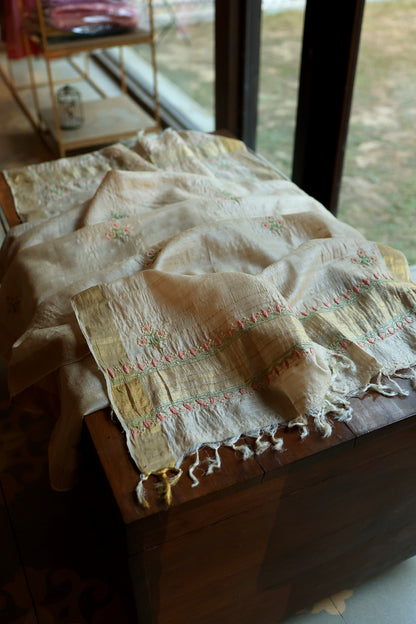 Natural Beige Tussar Silk Chikankari Fabric With Mukaish Kamdani