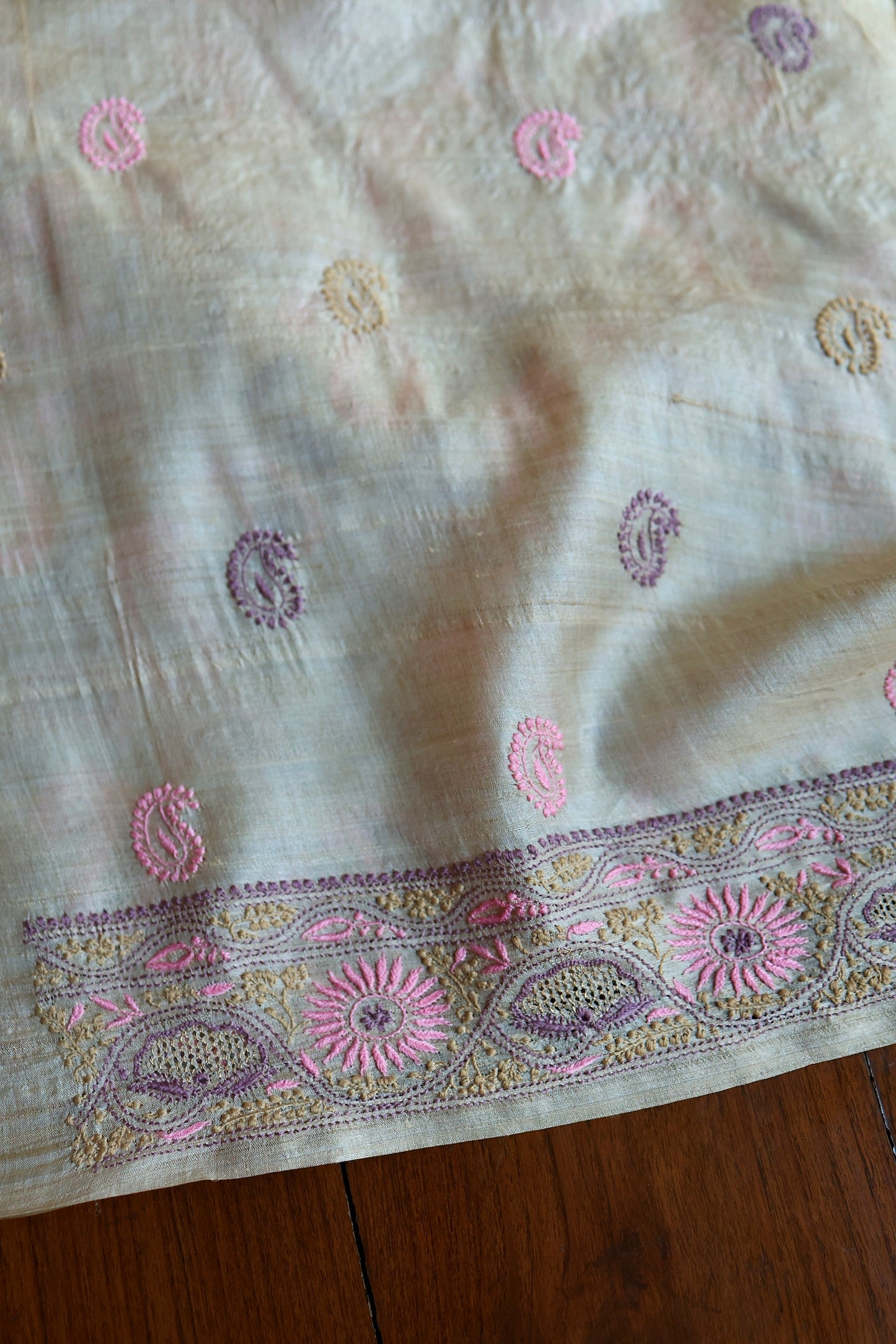 Natural Beige Tussar Silk Chikankari Fabric With Mukaish Kamdani