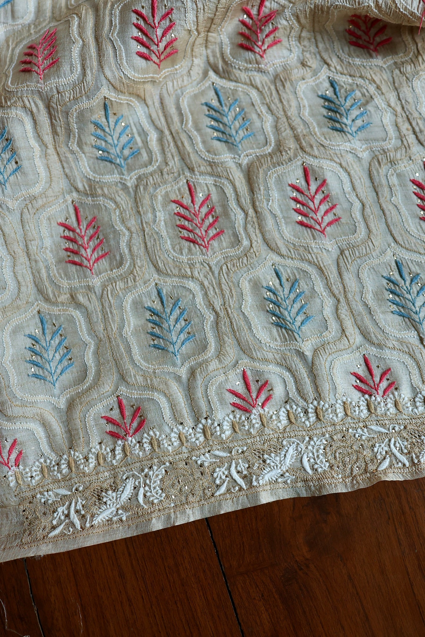 Red & Blue Natural Beige Tussar Silk Chikankari Fabric With Mukaish Kamdani