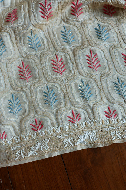 Red & Blue Natural Beige Tussar Silk Chikankari Fabric With Mukaish Kamdani