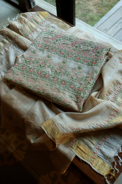 Natural Beige Tussar Silk Chikankari Fabric With Mukaish Kamdani