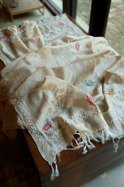 Red & Blue Natural Beige Tussar Silk Chikankari Fabric With Mukaish Kamdani