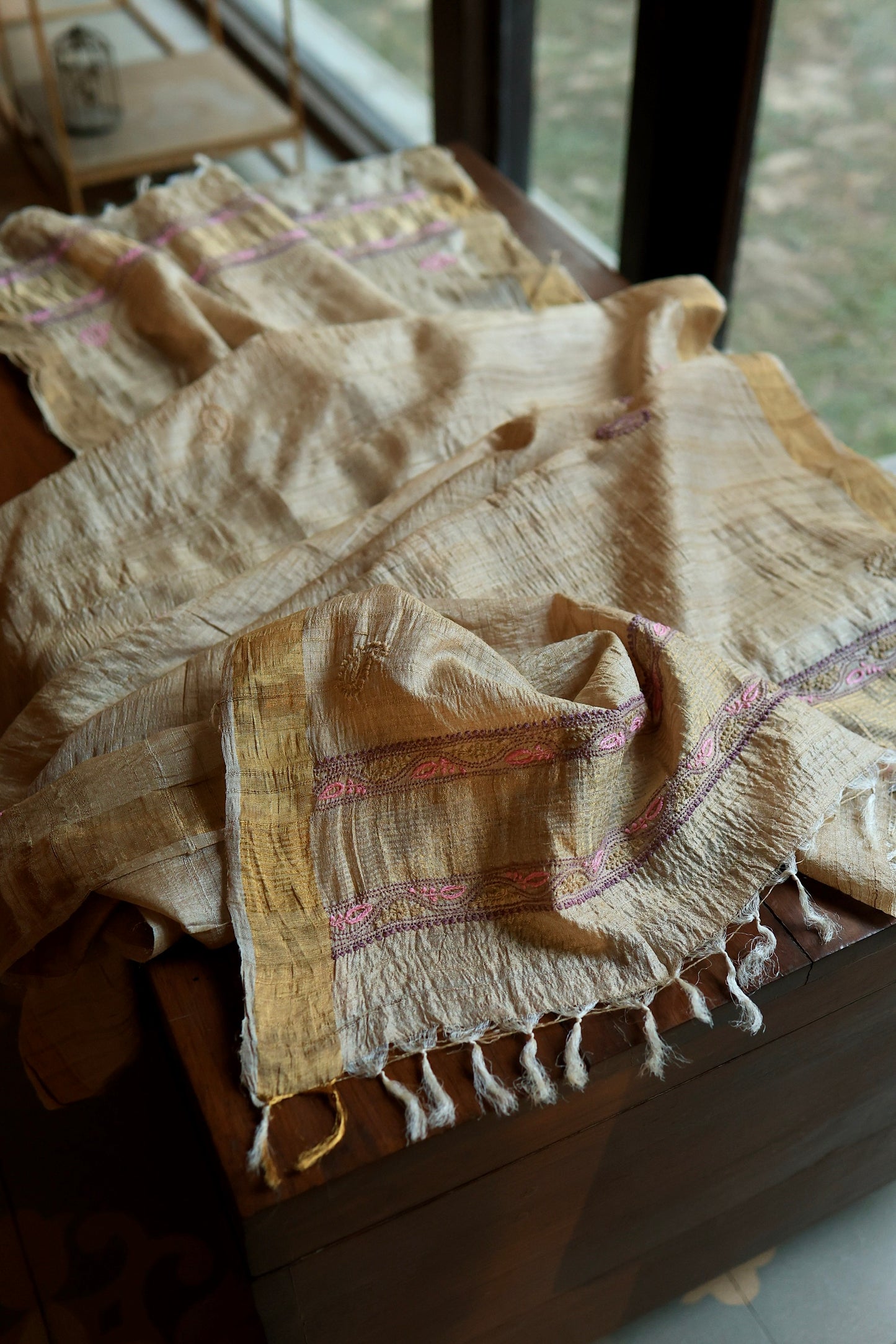 Natural Beige Tussar Silk Chikankari Fabric With Mukaish Kamdani