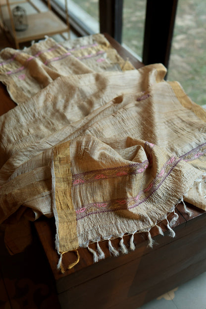 Natural Beige Tussar Silk Chikankari Fabric With Mukaish Kamdani