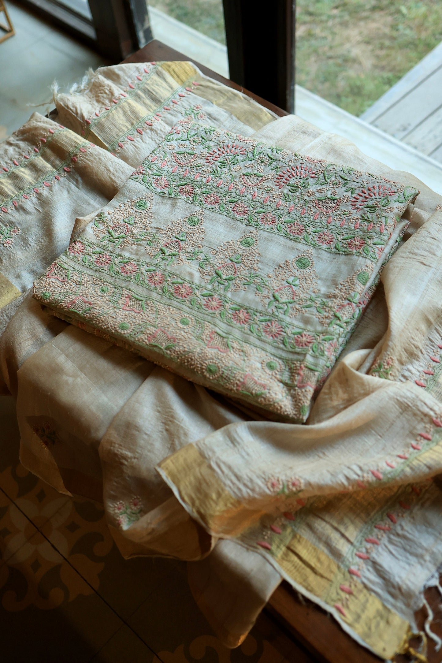 Natural Beige Tussar Silk Chikankari Fabric With Mukaish Kamdani