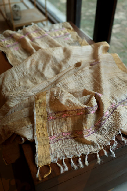 Natural Beige Tussar Silk Chikankari Fabric With Mukaish Kamdani