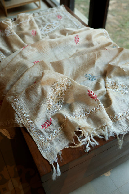 Red & Blue Natural Beige Tussar Silk Chikankari Fabric With Mukaish Kamdani