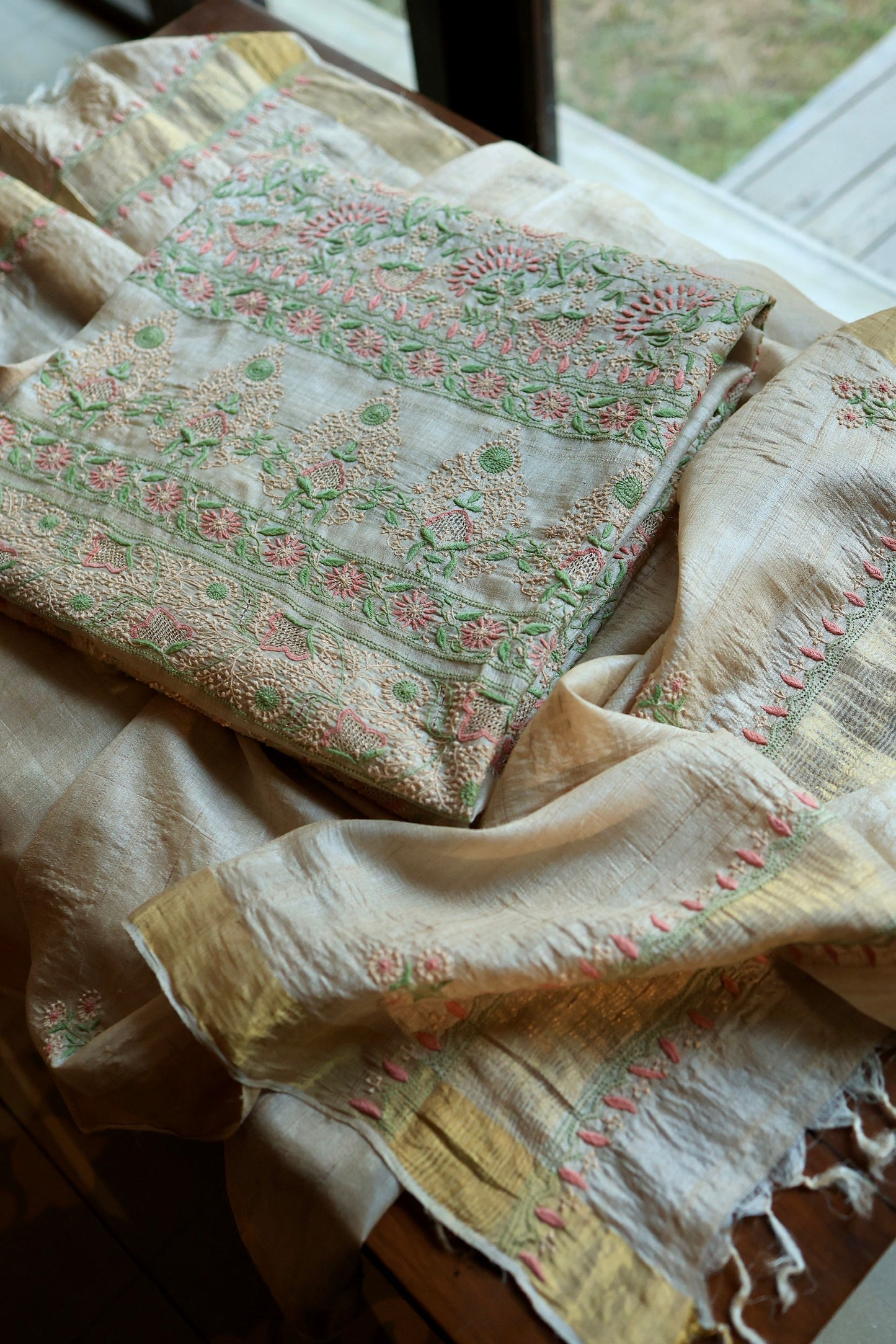 Natural Beige Tussar Silk Chikankari Fabric With Mukaish Kamdani