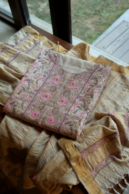 Natural Beige Tussar Silk Chikankari Fabric With Mukaish Kamdani