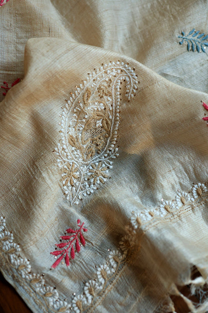 Red & Blue Natural Beige Tussar Silk Chikankari Fabric With Mukaish Kamdani