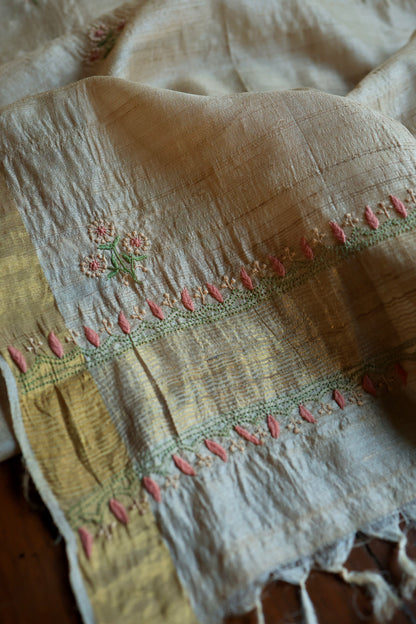 Natural Beige Tussar Silk Chikankari Fabric With Mukaish Kamdani