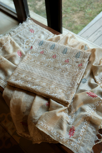 Red & Blue Natural Beige Tussar Silk Chikankari Fabric With Mukaish Kamdani