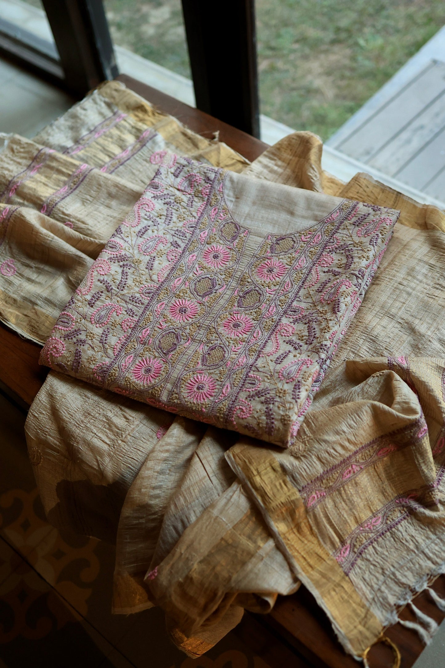 Natural Beige Tussar Silk Chikankari Fabric With Mukaish Kamdani