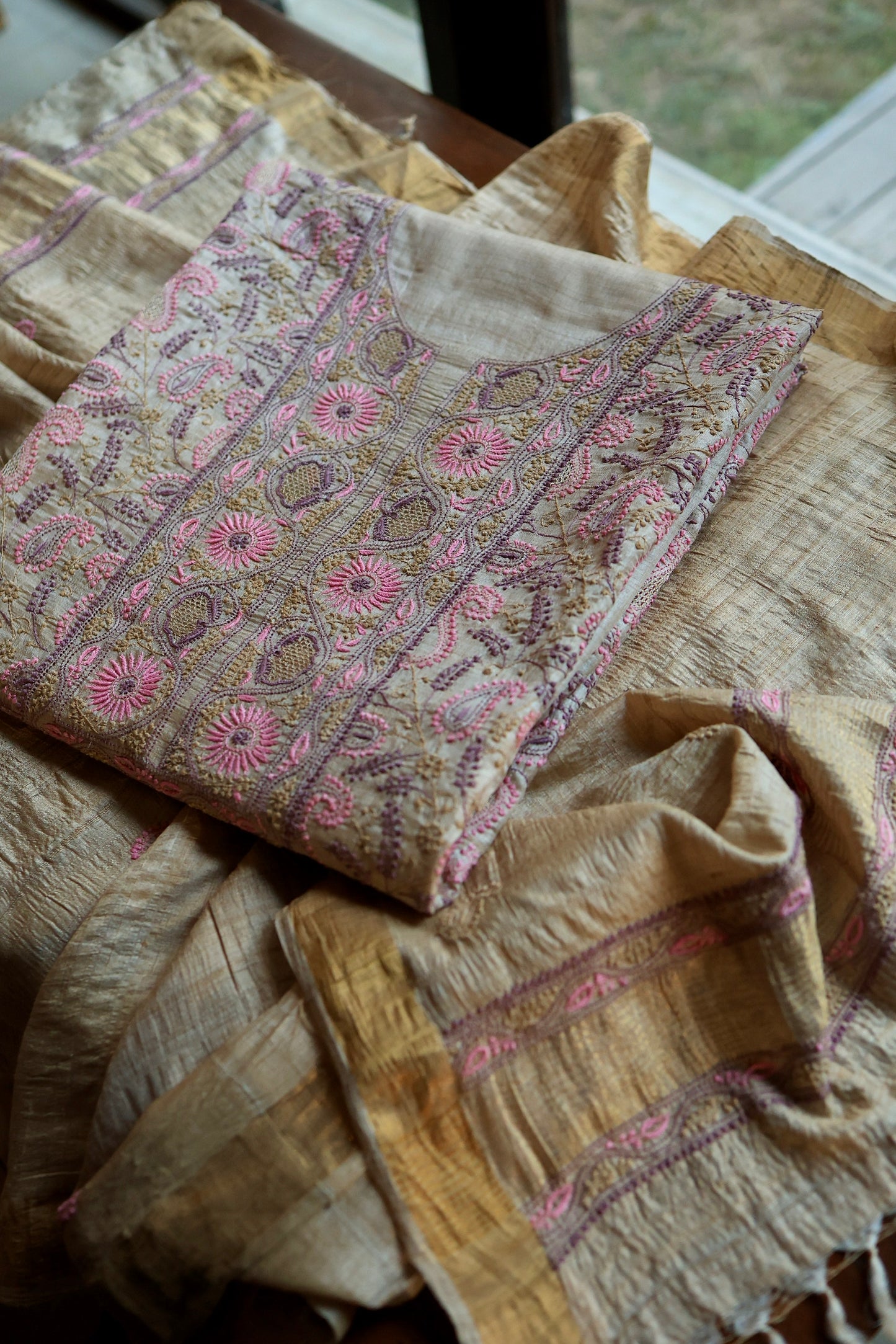 Natural Beige Tussar Silk Chikankari Fabric With Mukaish Kamdani