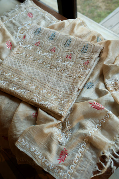 Red & Blue Natural Beige Tussar Silk Chikankari Fabric With Mukaish Kamdani