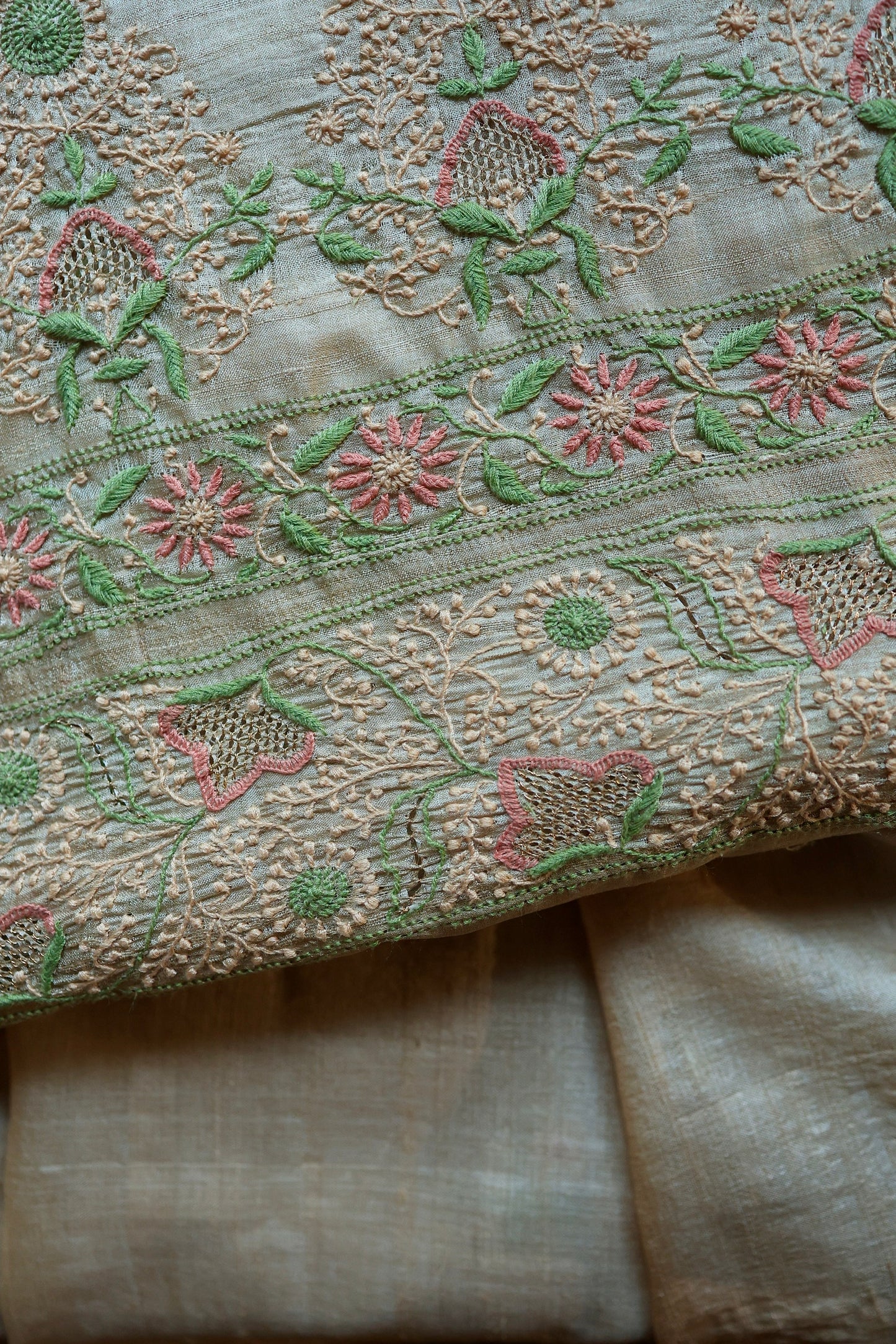 Natural Beige Tussar Silk Chikankari Fabric With Mukaish Kamdani