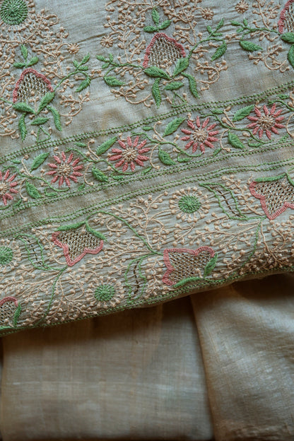 Natural Beige Tussar Silk Chikankari Fabric With Mukaish Kamdani