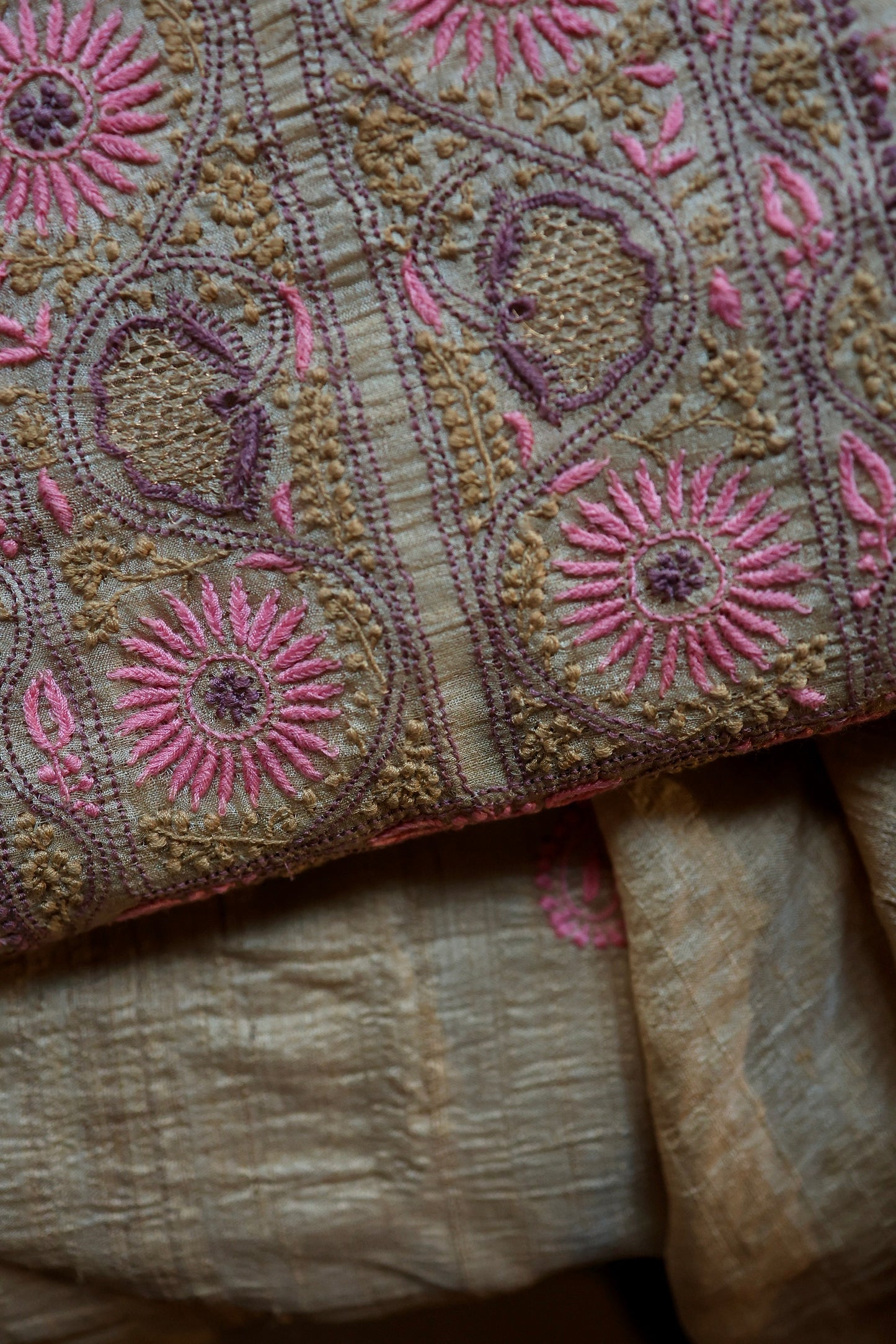 Natural Beige Tussar Silk Chikankari Fabric With Mukaish Kamdani