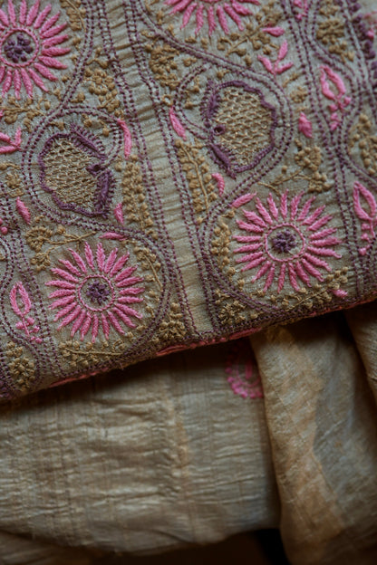 Natural Beige Tussar Silk Chikankari Fabric With Mukaish Kamdani