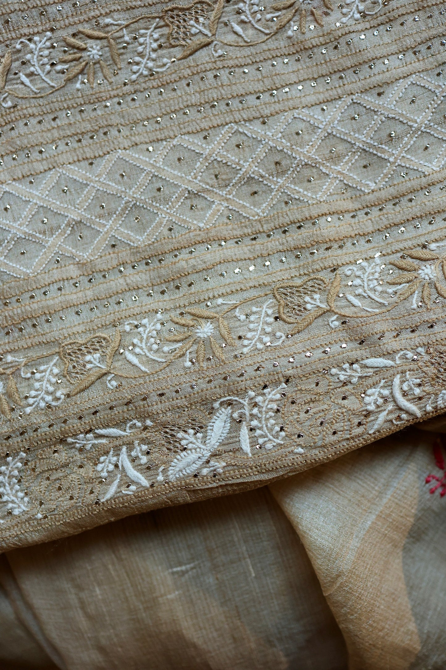 Red & Blue Natural Beige Tussar Silk Chikankari Fabric With Mukaish Kamdani