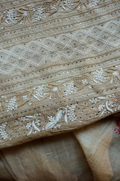 Red & Blue Natural Beige Tussar Silk Chikankari Fabric With Mukaish Kamdani