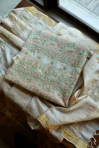 Natural Beige Tussar Silk Chikankari Fabric With Mukaish Kamdani
