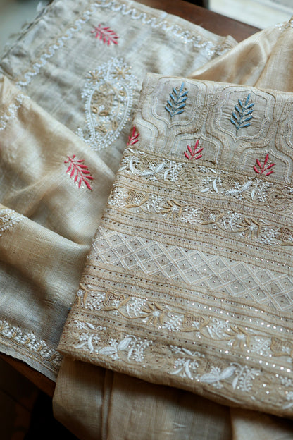 Red & Blue Natural Beige Tussar Silk Chikankari Fabric With Mukaish Kamdani