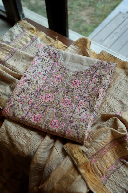 Natural Beige Tussar Silk Chikankari Fabric With Mukaish Kamdani