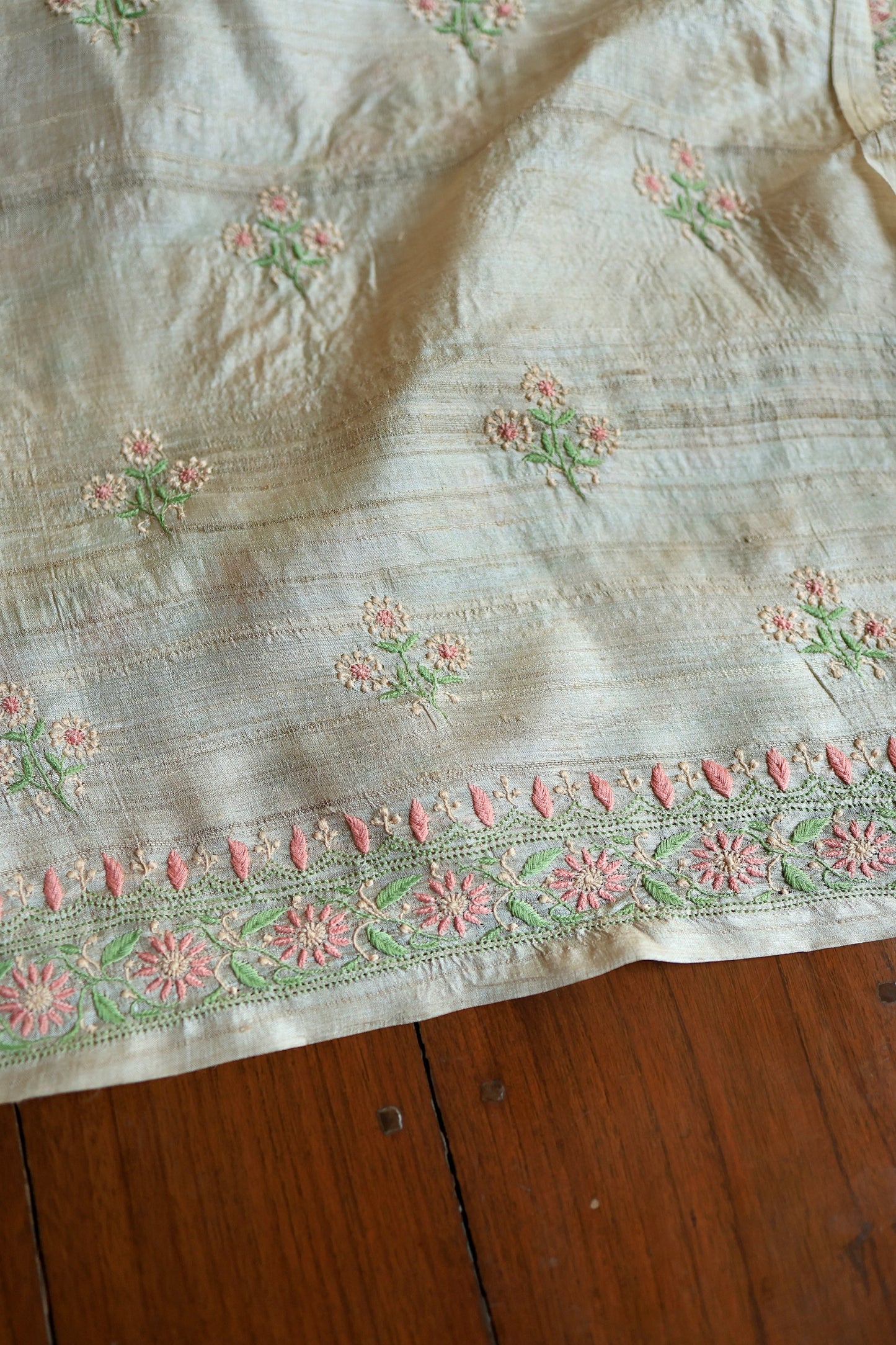 Natural Beige Tussar Silk Chikankari Fabric With Mukaish Kamdani