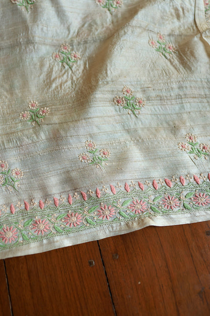 Natural Beige Tussar Silk Chikankari Fabric With Mukaish Kamdani