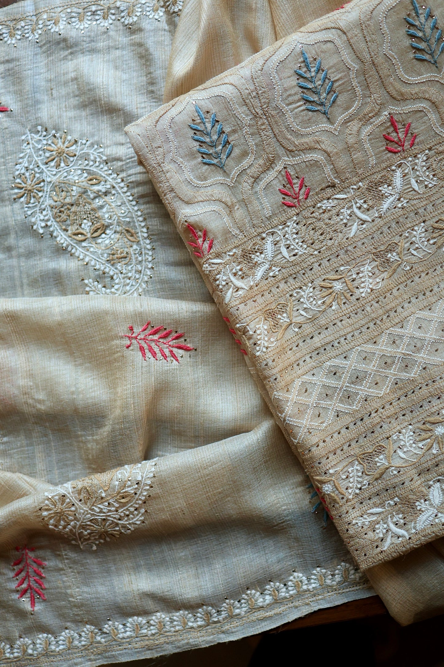 Red & Blue Natural Beige Tussar Silk Chikankari Fabric With Mukaish Kamdani