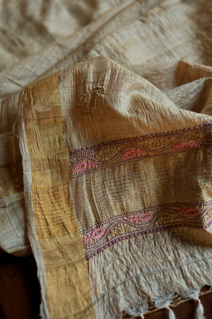 Natural Beige Tussar Silk Chikankari Fabric With Mukaish Kamdani