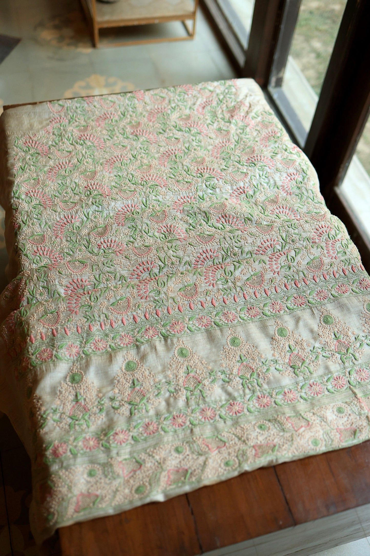 Natural Beige Tussar Silk Chikankari Fabric With Mukaish Kamdani