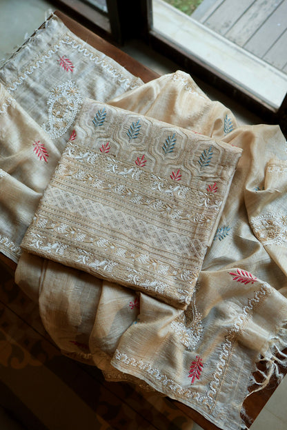 Red & Blue Natural Beige Tussar Silk Chikankari Fabric With Mukaish Kamdani