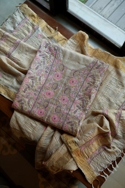 Natural Beige Tussar Silk Chikankari Fabric With Mukaish Kamdani