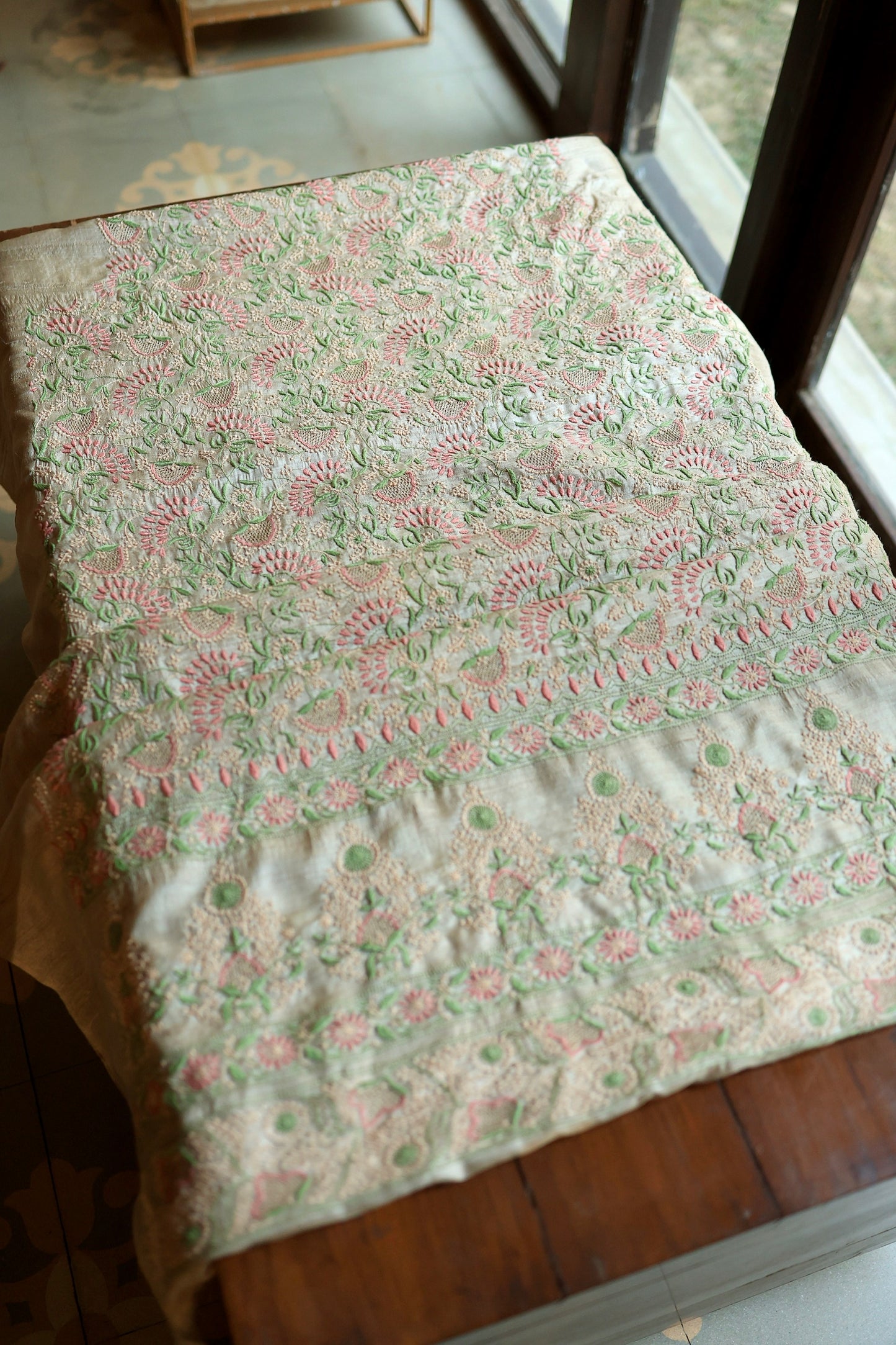 Natural Beige Tussar Silk Chikankari Fabric With Mukaish Kamdani