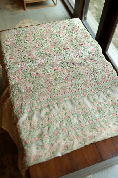 Natural Beige Tussar Silk Chikankari Fabric With Mukaish Kamdani