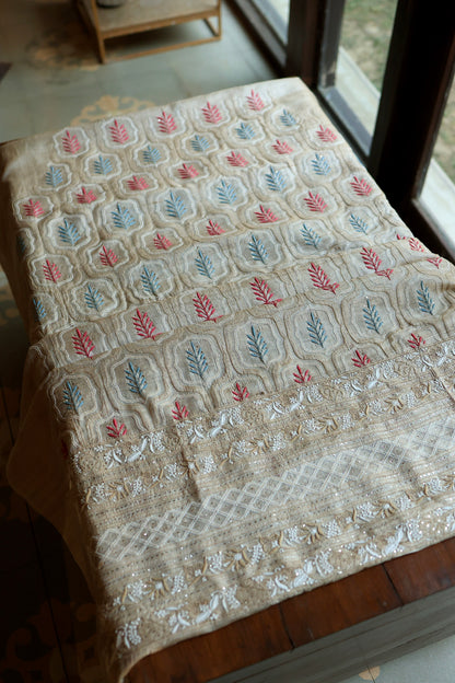 Red & Blue Natural Beige Tussar Silk Chikankari Fabric With Mukaish Kamdani